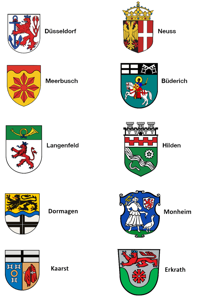 Karte mit Wappen der Städte im Einsatzgebiet: Düsseldorf, Neuss, Meerbusch, Büderich, Langenfeld, Hilden, Dormagen